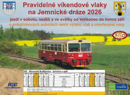 Pravidelné víkendové vlaky na Jemnické dráze 2026